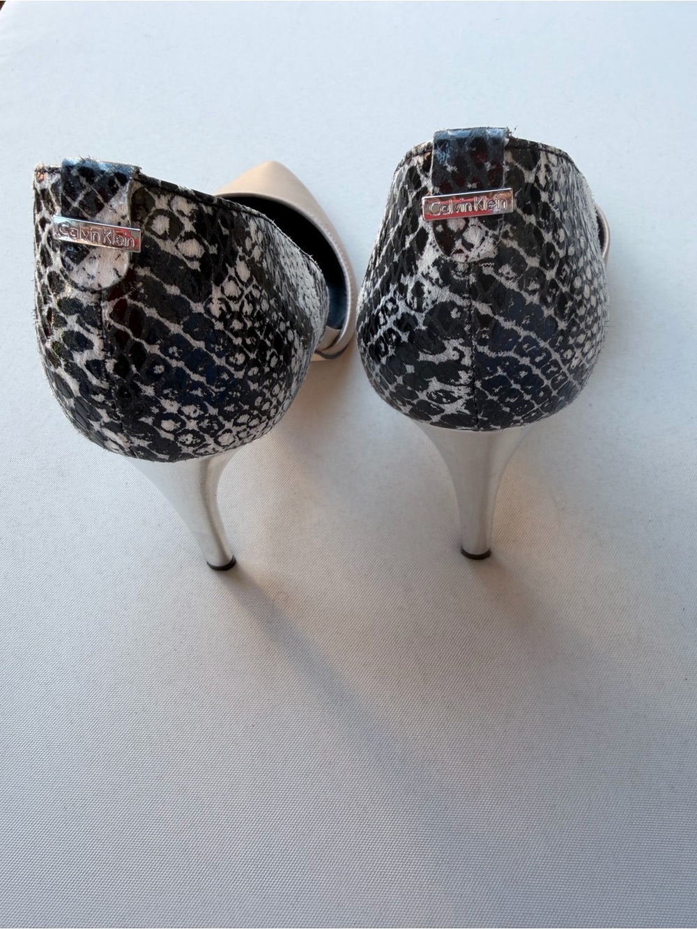 Chrome Heels Calvin Klein Sebrina Pumps Nude Leather Snake Print Stilettos - Picture 5 of 10
